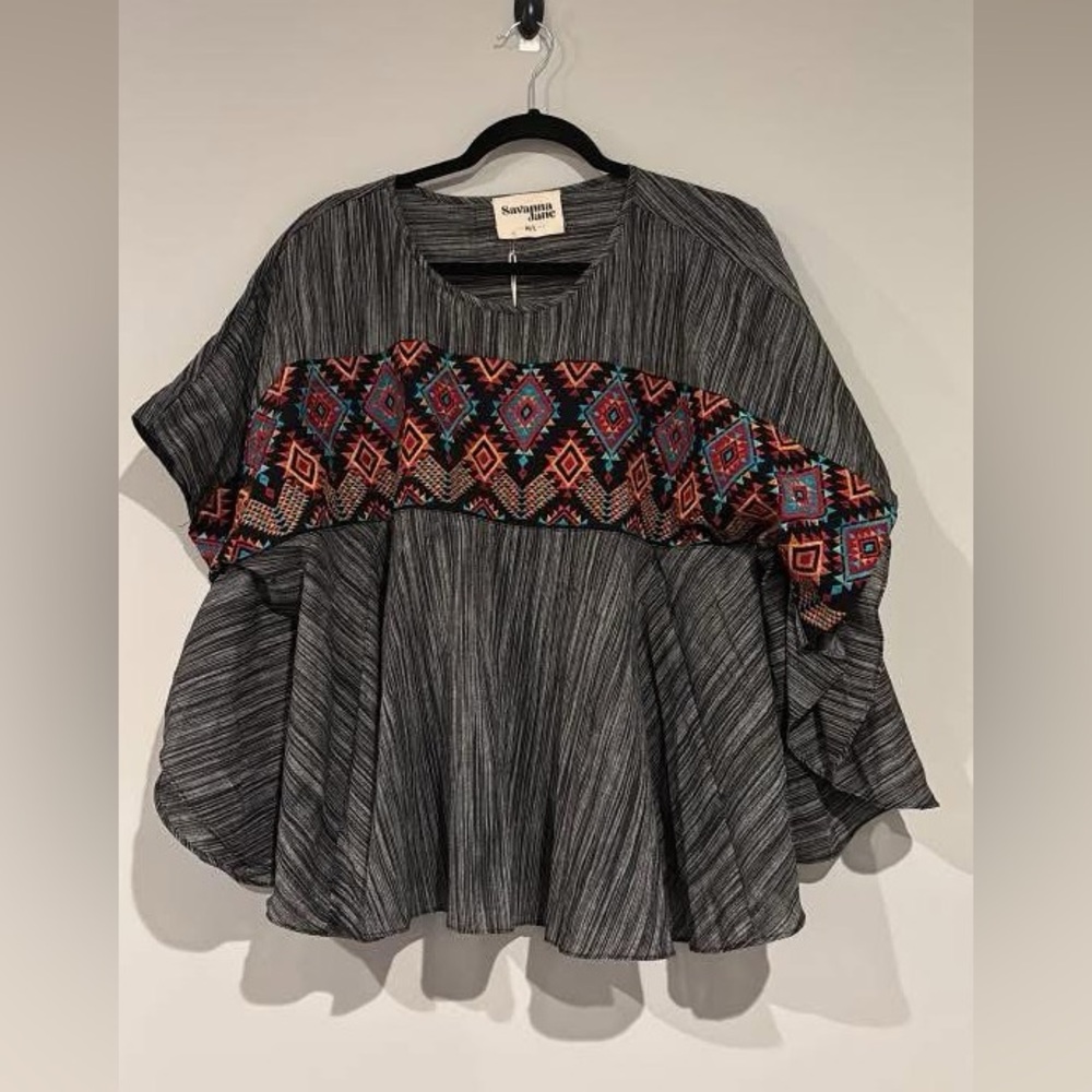 Savanna Jane gray striped top with embroidered aztec band nwt